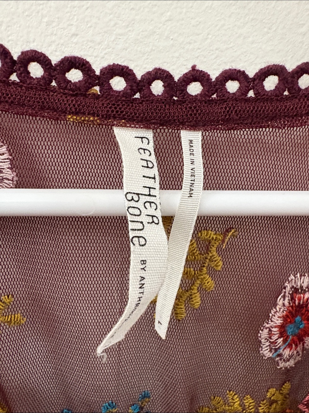 Feather and bone -Anthropologie -Sheer Floral Embroidered V-Neck Top in Burgundy - Picture 2 of 5